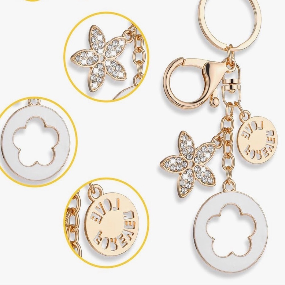 Gold-Tone Flower & Clover Bag Charm / Keychain – Rhinestone Accents - Picture 7 of 10